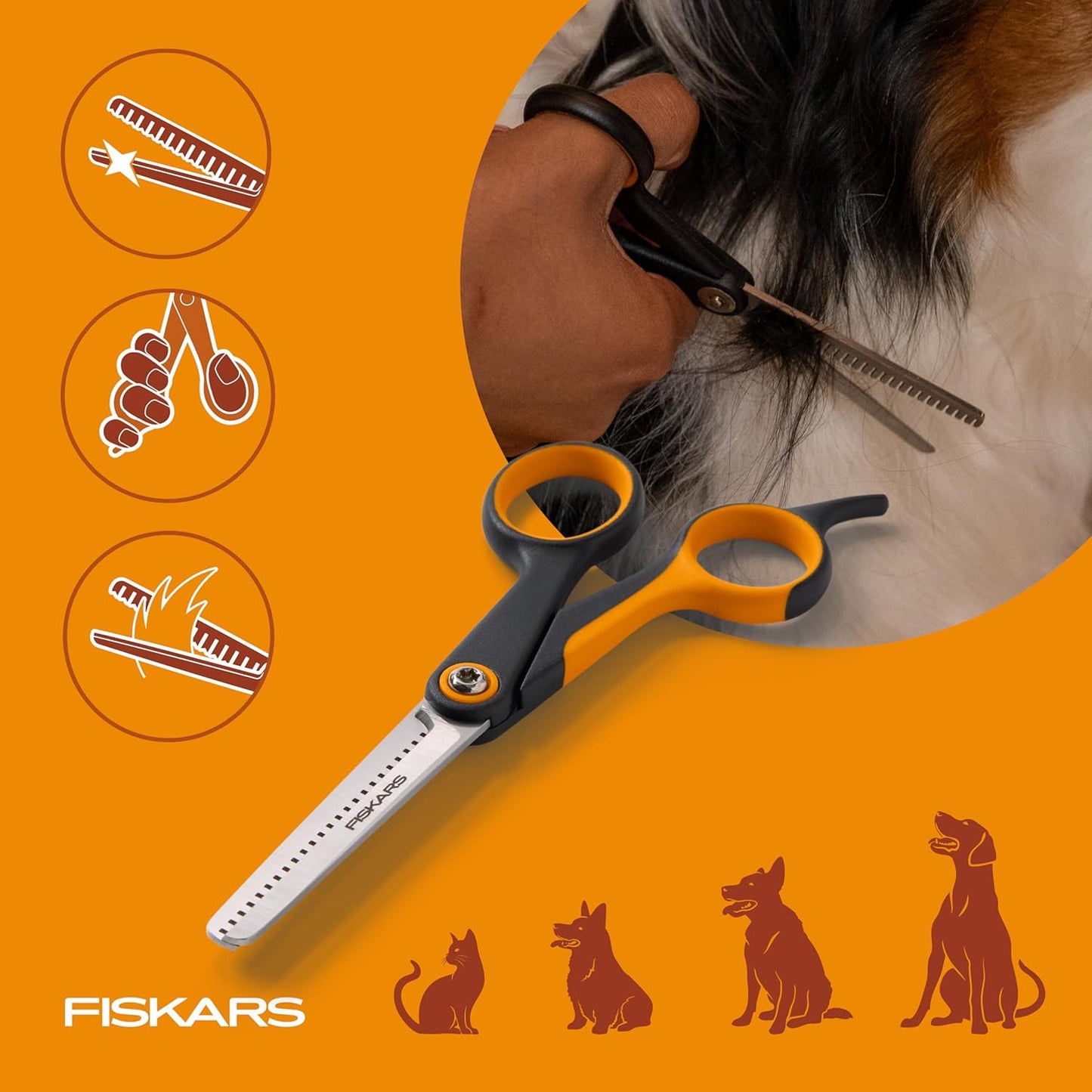 Fiskars Pet Blending Scissors, Dog and Cat Grooming Scissors, Serrated Teeth for Thinning & SoftGrip Handle, Cat and Dog Supplies, 6.5”, Orange/Black