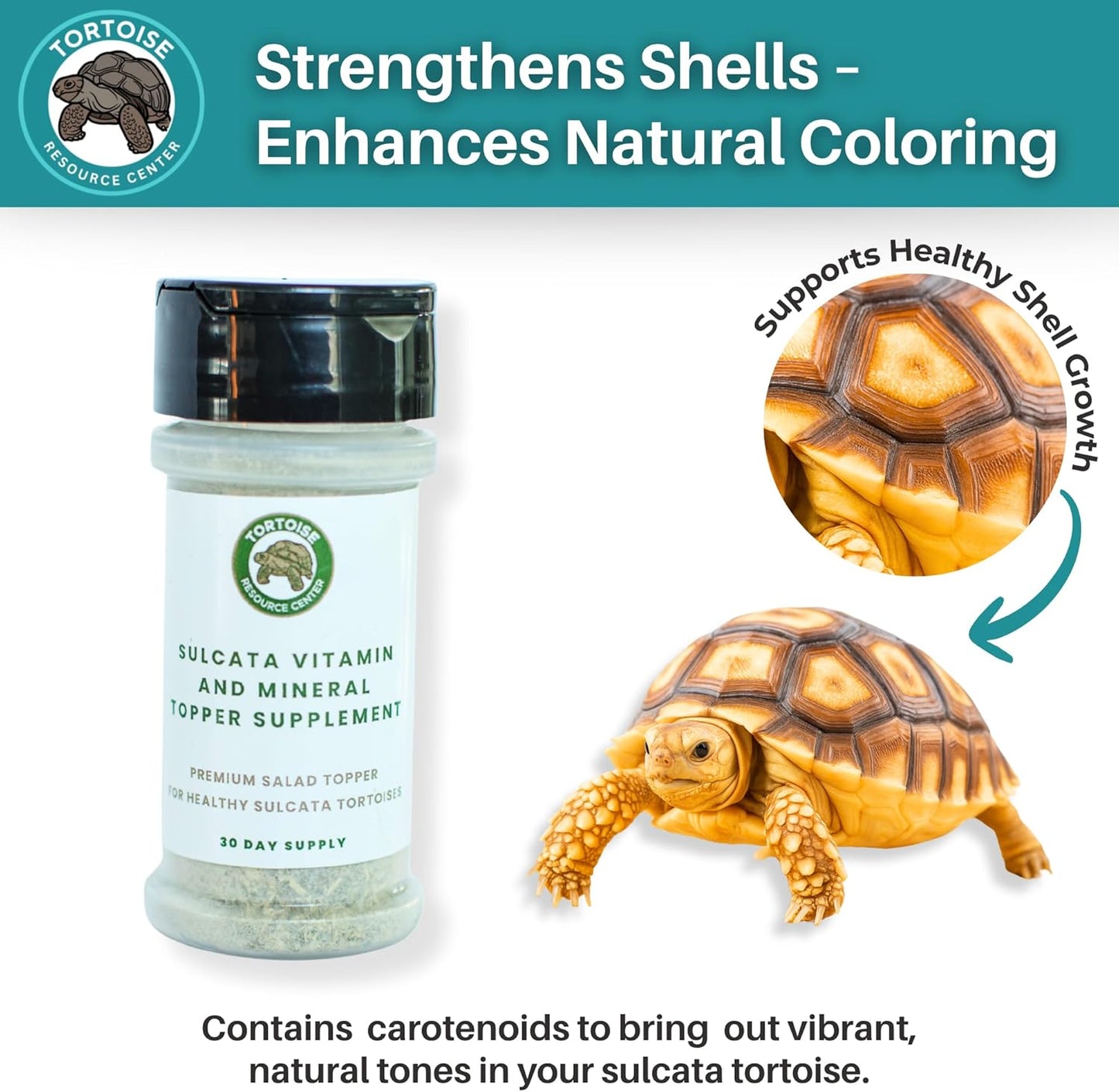 Sulcata Tortoise Calcium, Vitamin and Mineral Topper Supplement | Salad Topper for Baby Sulcata Tortoises | Promotes Health, Immunity and Strong Shell | 30-Day Supply in Easy to Use Shaker