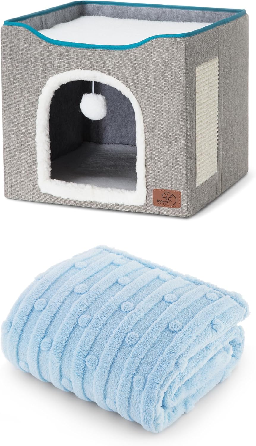 Bedsure Cat Cave for Pet Cat House 16.5x16.5x13 inches, Grey with Bedsure Dog Blankets for Small Dogs White, 25x35IN