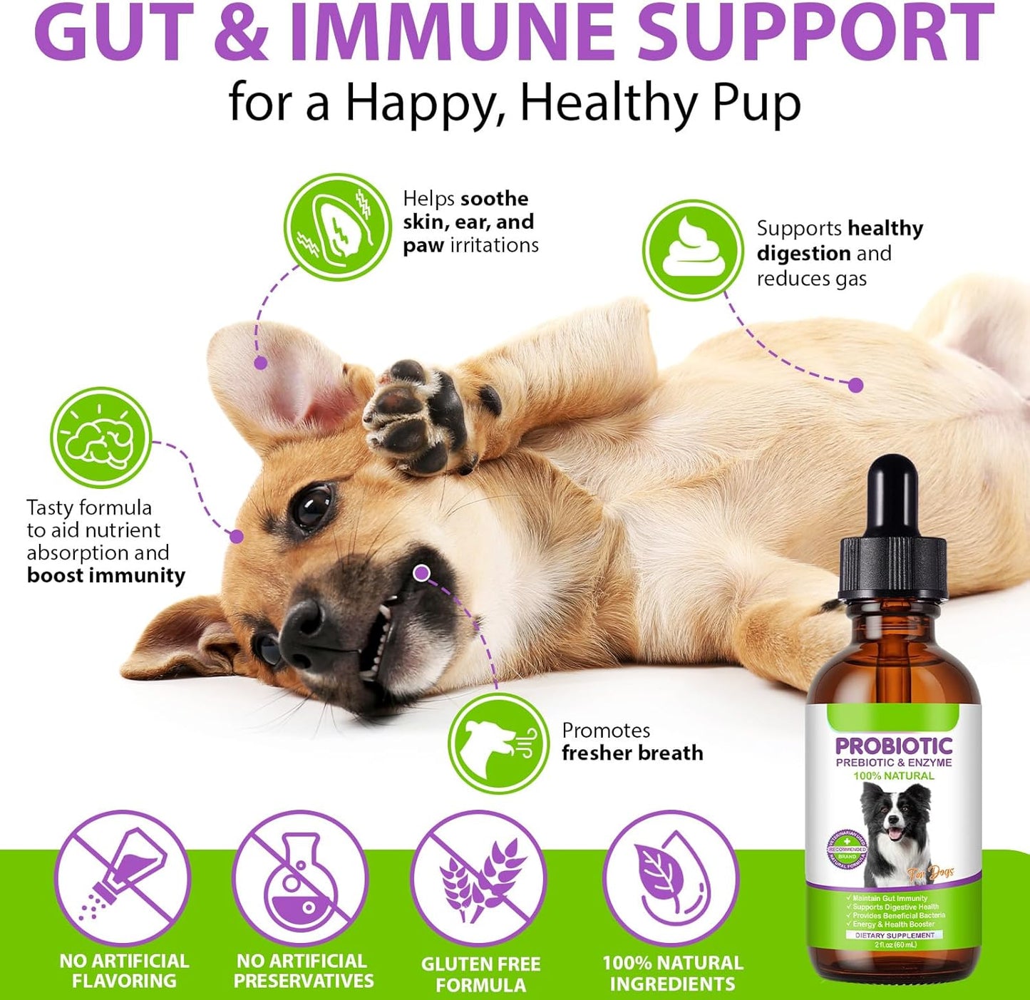 Dog Probiotic, Liquid Probiotics for Dogs, Prebiotic & Digestive Enzymes, Dogs Probiotics Supplement Help Digestive Health, Immune Support, Diarrhea Relief, Dog Herbal Supplements 60ml