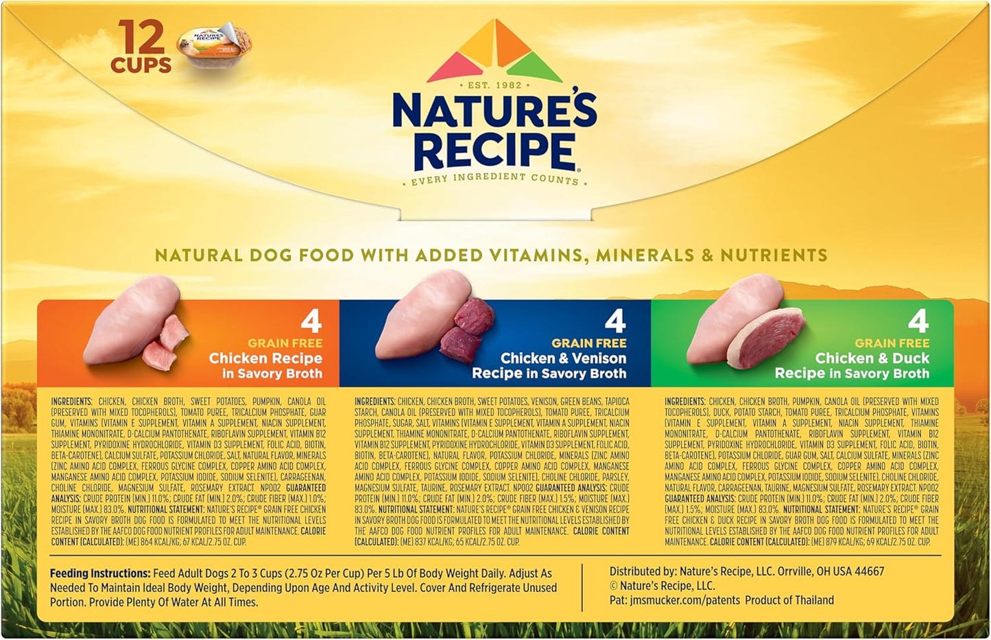 Nature’s Recipe Grain Free Chicken Recipe, Chicken & Venison Recipe and Chicken & Duck Recipe in Savory Broth Variety Pack Wet Dog Food, 12-2.75 oz. Cups, 2 Count