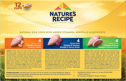 Nature’s Recipe Grain Free Chicken Recipe, Chicken & Venison Recipe and Chicken & Duck Recipe in Savory Broth Variety Pack Wet Dog Food, 12-2.75 oz. Cups, 2 Count