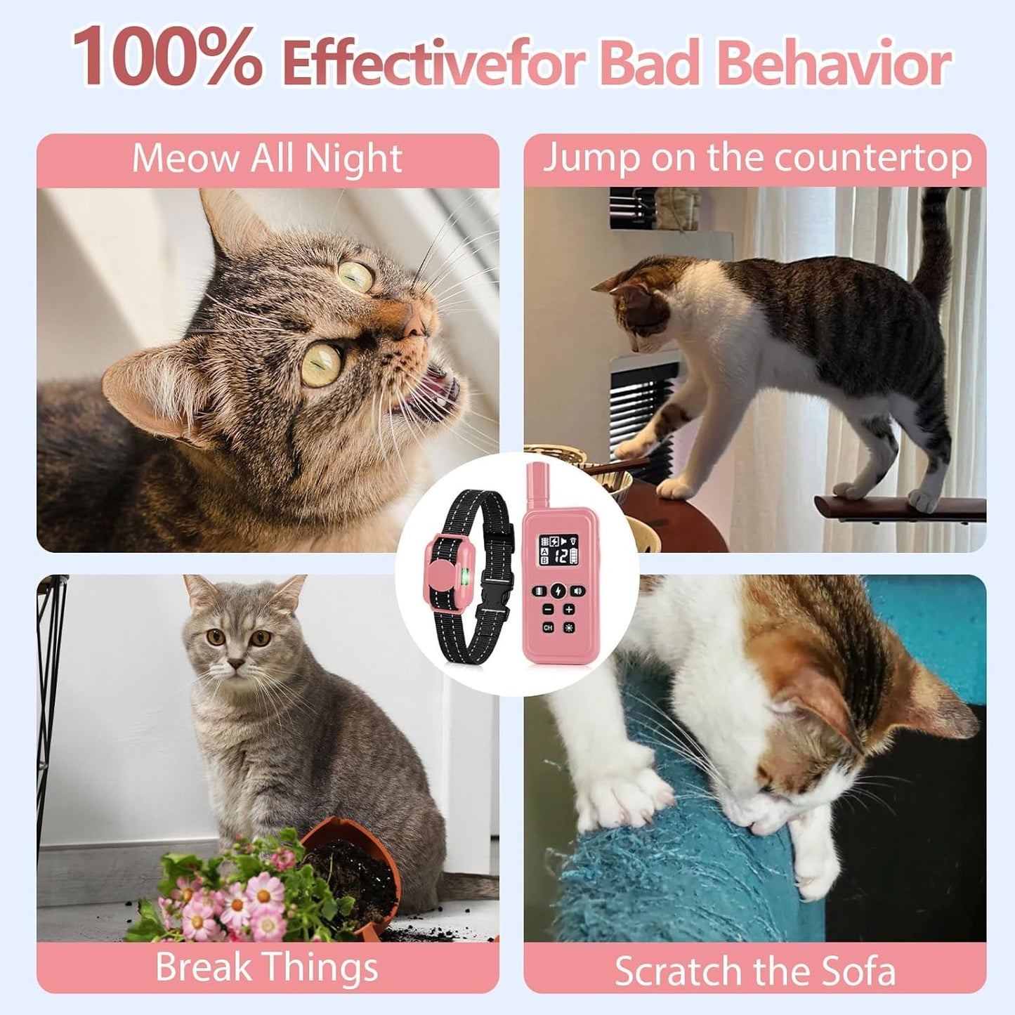 Cat Shock Collar Smallest Cat Training Collar with Remote 2000ft Range Electric Cats Bark Collar with Shock, Vibration, Beep 3 Modes to Stop Meowing, Waterproof, Rechargeable,Pink