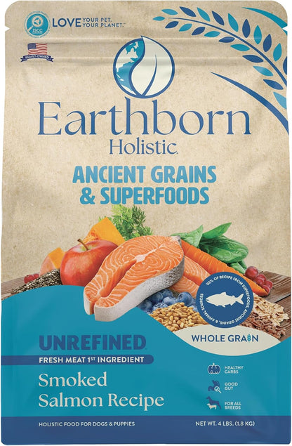 Earthborn Holistic Unrefined Smoked Salmon Recipe with Ancient Grains & Superfoods Dry Food for Dogs and Puppies (4 lb. Bag)