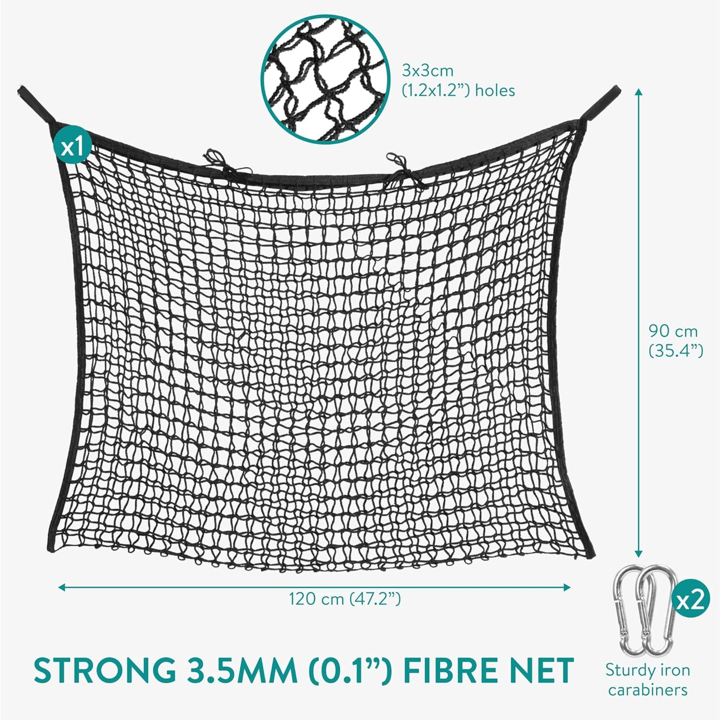Navaris Hay Net for Horses - 3.5mm Rope with Small Hole Design & 2 Carabiners - Horse Feed Haynet for Slow Feeding - Equestrian Equipment Hay Bale Nets - Black Mesh, 90x120cm