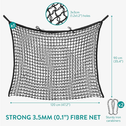 Navaris Hay Net for Horses - 3.5mm Rope with Small Hole Design & 2 Carabiners - Horse Feed Haynet for Slow Feeding - Equestrian Equipment Hay Bale Nets - Black Mesh, 90x120cm