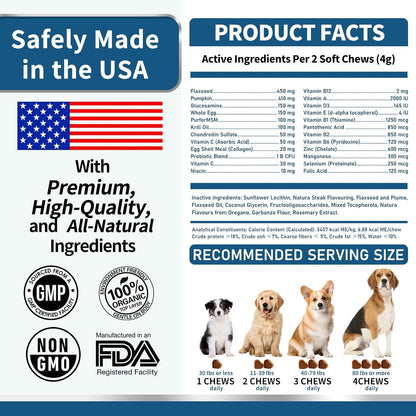 Dog Multivitamin, Glucosamine Chondroitin for Dogs, Krill Oil, Probiotics, Dog Vitamins and Supplements for Heart, Hip & Joints, Immune Health, Digestion, Skin, Coat (180 Chews, Wagyu Beef)