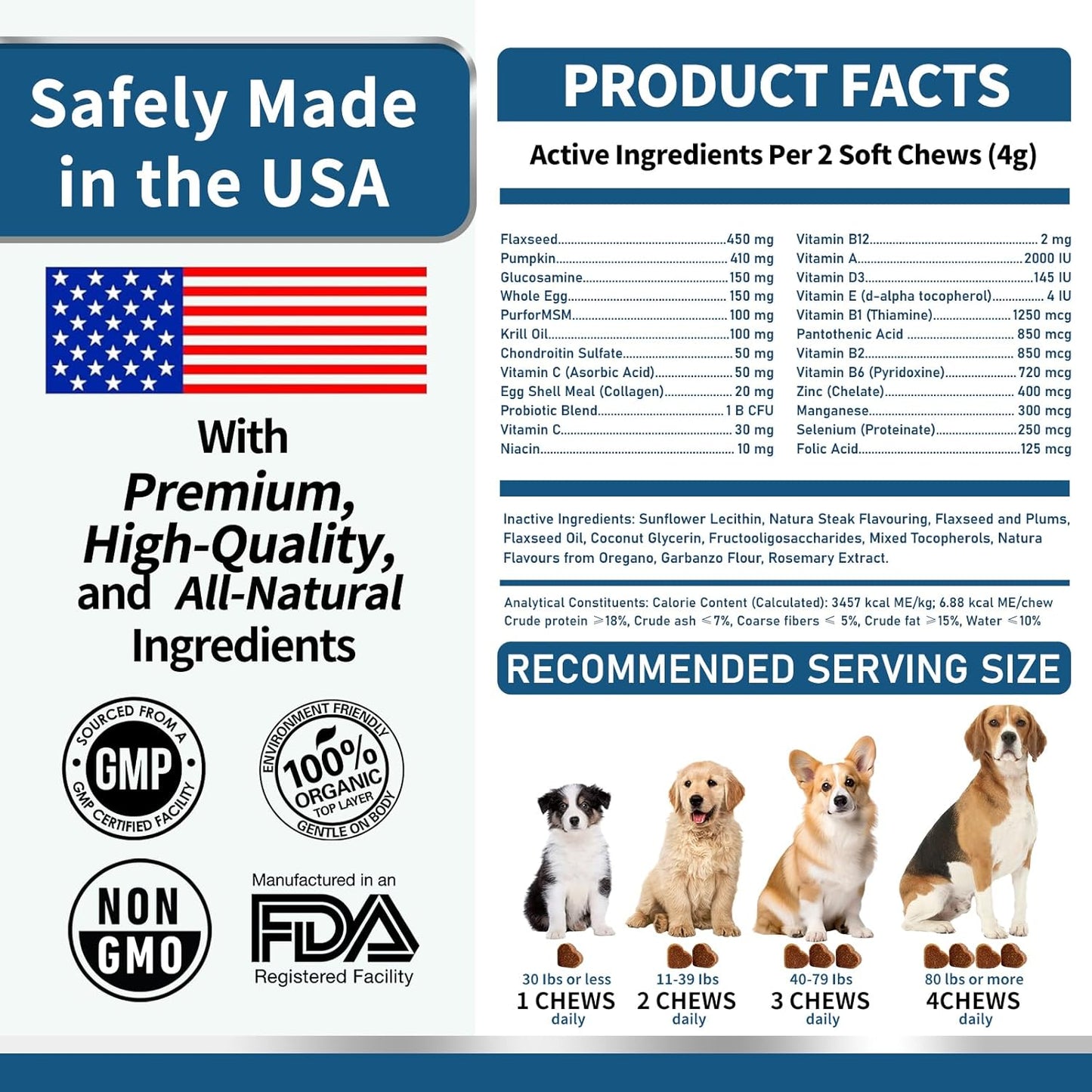 Dog Multivitamin, Glucosamine Chondroitin for Dogs, Krill Oil, Probiotics, Dog Vitamins and Supplements for Heart, Hip & Joints, Immune Health, Digestion, Skin, Coat (180 Chews, Wagyu Beef)