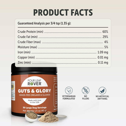 Four Leaf Rover Guts & Glory - Freeze Dried Organs for Dogs - with 100% Grass-Fed New Zealand Beef - Rich in Minerals - Veterinarian Formulated - 30 Large Dog Servings