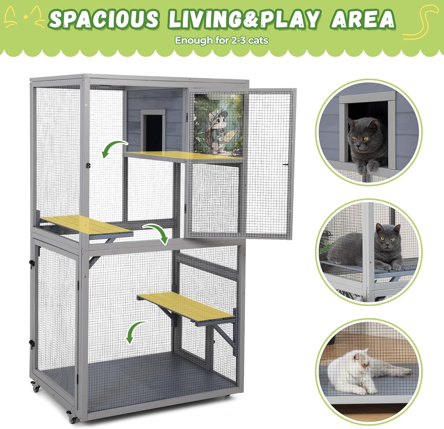 COZIWOW Outdoor Wooden Cat Catio – Weatherproof, Easy Assembly, for Backyard/Patio/Balcony, for Indoor & Outdoor Cats