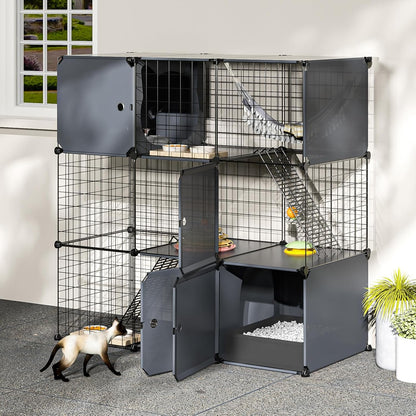 3-Tier Large Cat Enclosure Indoor & Outdoor with Litter Box, Detachable Multifunctional Catio Playpen - DIY Metal Wire Kennel Cage for Cats