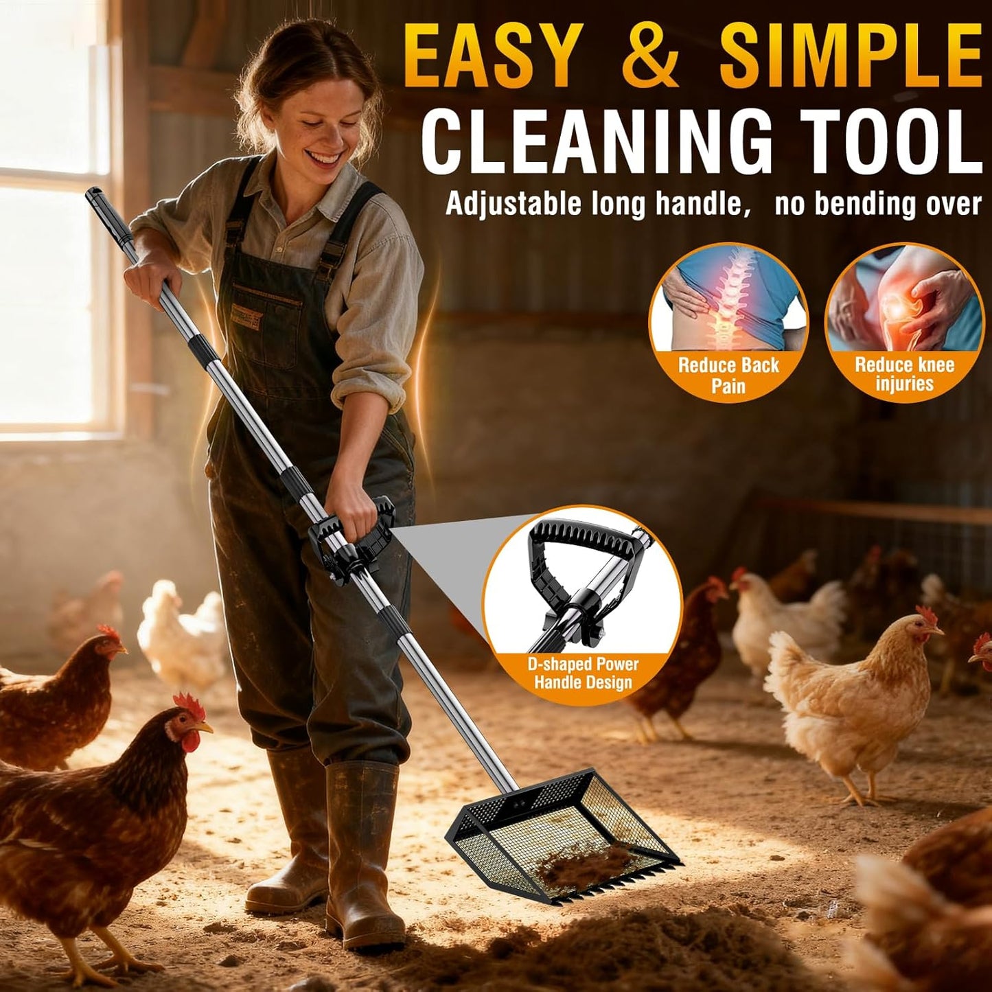 TOOGE Large Chicken Poop Scooper: 2-in-1 Metal Pooper Scooper & Rake Adjustable Long Handle Stainless Steel Sand Sifter Litter Shovel Chicken Coop Scoop Cleaning Tool for Coffee Ground Farm Yard Black