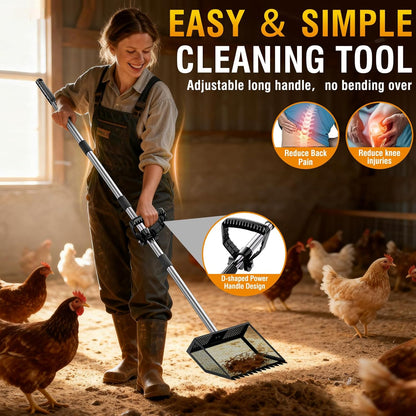 TOOGE Large Chicken Poop Scooper: 2-in-1 Metal Pooper Scooper & Rake Adjustable Long Handle Stainless Steel Sand Sifter Litter Shovel Chicken Coop Scoop Cleaning Tool for Coffee Ground Farm Yard Black