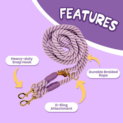 Dog Rope Leash + Crossbody Treat Bag with Poop Bag Dispenser - 44 LBS /6FT Medium Size Leash - Purple Daisy Dream