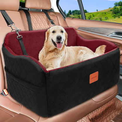 Dog Car Seat for Medium/Large Dogs, Memory Foam Pet Booster Seat for Under 55 lbs or 2 Small Dogs, Detachable Dog Car Bed for Backseat with 2 Safety Leashes and Pockets (Black/Red, Large)