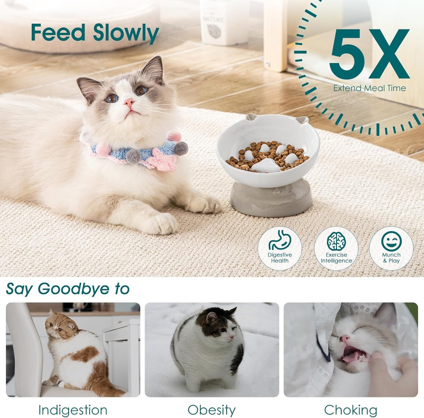 vancasso Ceramic Elevated Slow Feeder Cat Bowls,Slow Feeder Elevated Cat Bowl Wet Food, Raised Cats Bowl for Indoor Cats (Grey)