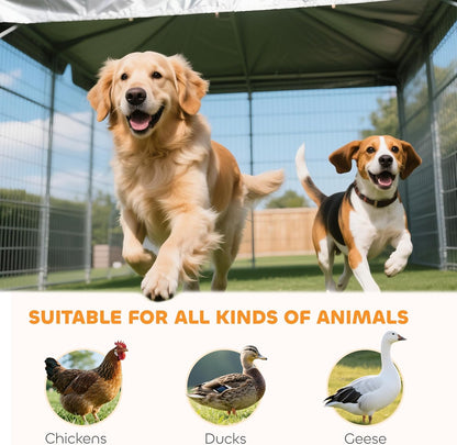 PawHut Outside Dog Kennel, 6.9' x 4.6' x 5' Puppy Play Pen with Canopy, Garden Playpen Fence Crate Enclosure Cage Rotating Bowl, for Dogs, Chickens, Ducks, Black