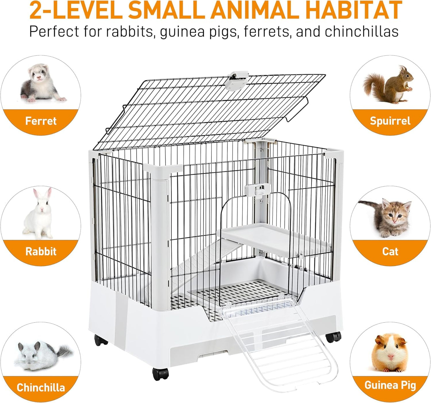 Yaheetech 30'' Small Animal Cage 2-Level Open Top Rabbit Cage on Wheels with Pull-Out Tray for Guinea Pig, Ferret, Chinchilla, Kitten, Bunny Small Animal Hutch, 30'' W × 20'' D × 27'' H