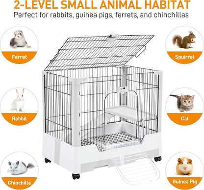 Yaheetech 30'' Small Animal Cage 2-Level Open Top Rabbit Cage on Wheels with Pull-Out Tray for Guinea Pig, Ferret, Chinchilla, Kitten, Bunny Small Animal Hutch, 30'' W × 20'' D × 27'' H