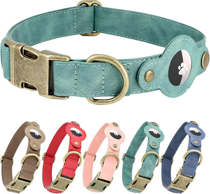 AirTag Dog Collar for Large Dogs - Soft Leather Dog Collar with Apple AirTag Holder and Metal Buckle - Smart Tracker GPS Apple Air Tag Pet Collars (Green, L)