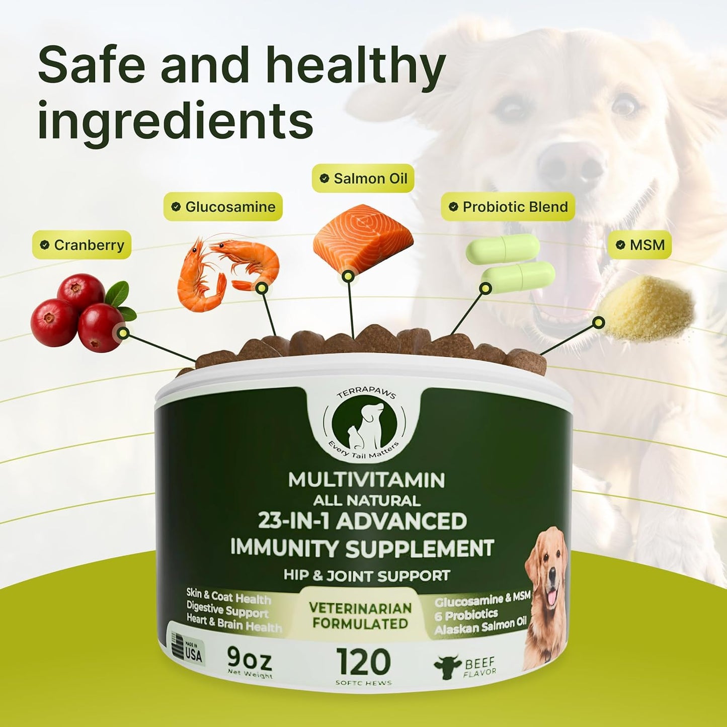 23-in-1 Multivitamin for Dogs – Soft Chews with Glucosamine, Chondroitin, MSM, Probiotics, Cranberry, Biotin, Zinc, Salmon Oil, Vitamins B, C, E – Hip & Joint, Skin, Digestive & Immune Support