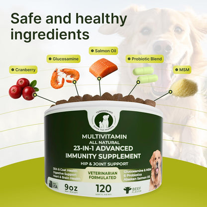 23-in-1 Multivitamin for Dogs – Soft Chews with Glucosamine, Chondroitin, MSM, Probiotics, Cranberry, Biotin, Zinc, Salmon Oil, Vitamins B, C, E – Hip & Joint, Skin, Digestive & Immune Support