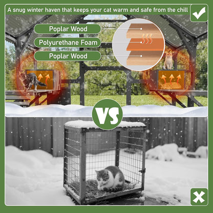 Merax Outdoor Large Catio Cat Enclosure,Wooden Cat House with 7 Platforms, 2 Resting Boxes, 1 Bridge and 1 Ramp, Walk in Kitty Cage Kennel with Sunshine Board Roof, Gray