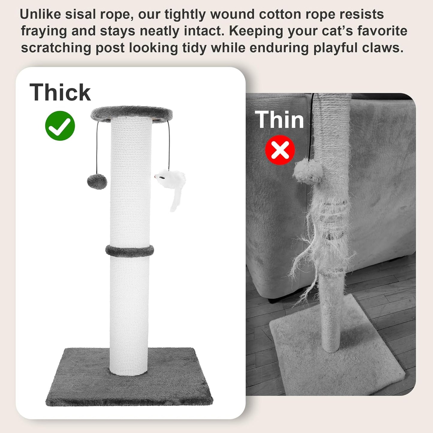 Cat Scratching Post 34 Inches Heavy Duty and Thicker Cat Scratching Post Sisal Rope with Hanging Ball and Mice Scratching Post for Indoor Cats and Adult(Grey)