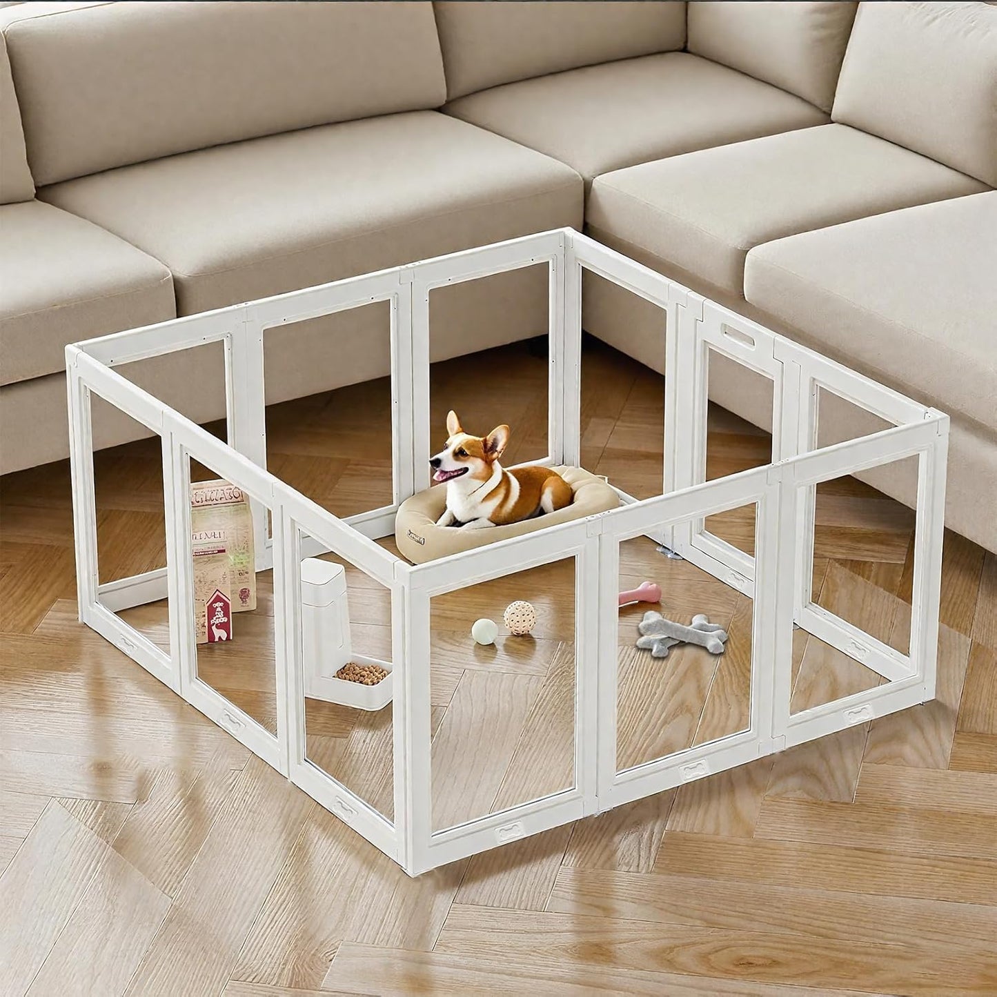 Clear Acrylic Dog Playpen Small Pet Play Pen for Small Dogs, Puppies, Cats & Rabbits, Assemble & Disassemble, with Door & Suction Cups (23.6" H, 12PCS),White