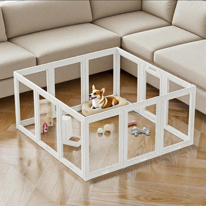 Clear Acrylic Dog Playpen Small Pet Play Pen for Small Dogs, Puppies, Cats & Rabbits, Assemble & Disassemble, with Door & Suction Cups (23.6" H, 12PCS),White