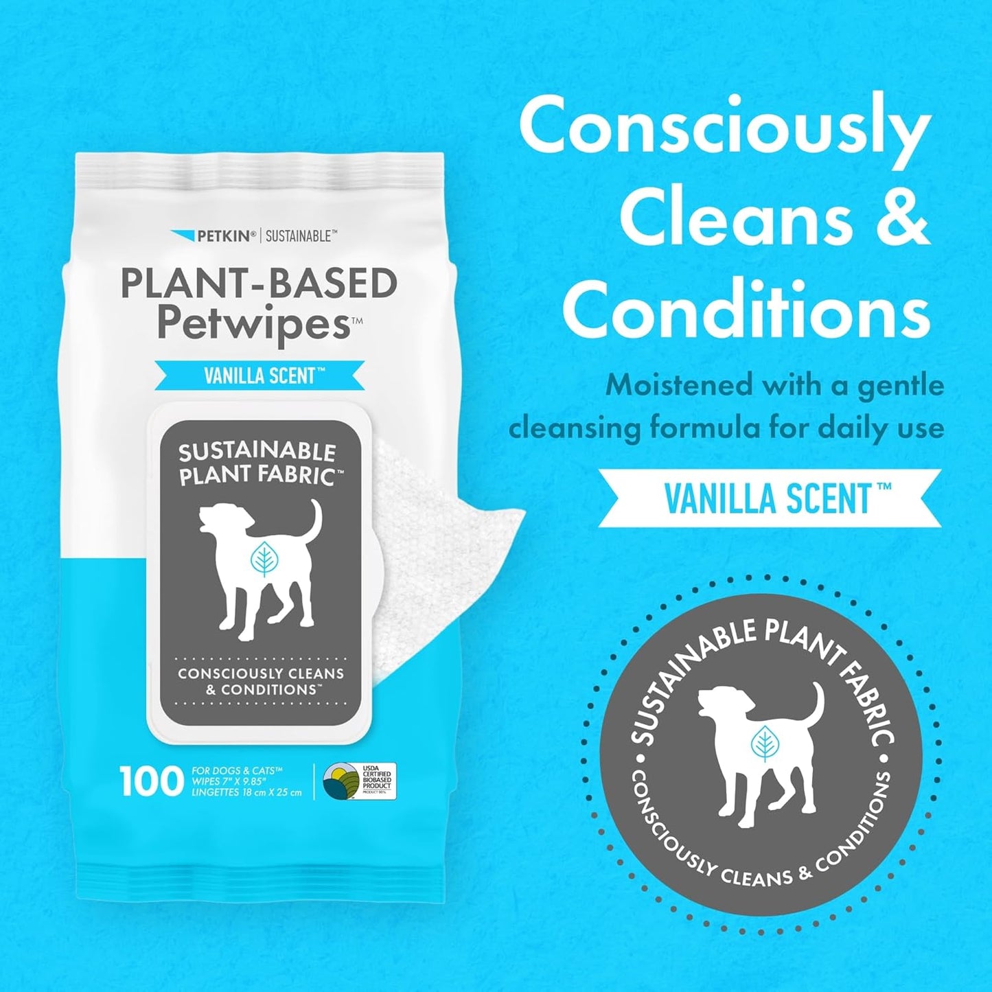Petkin Plant-Based PetWipes, 100 Wipes, 4 Pack - Biobased, Sustainable, Big & Thick Pet Wipes for Dogs & Cats - for Face, Paws, Ears, Body & Eye Area - Consciously Cleans & Conditions - Vanilla