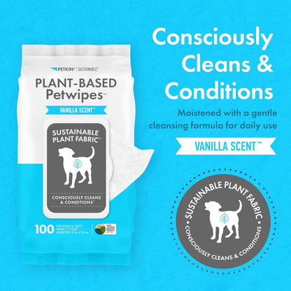 Petkin Plant-Based PetWipes, 100 Wipes, 4 Pack - Biobased, Sustainable, Big & Thick Pet Wipes for Dogs & Cats - for Face, Paws, Ears, Body & Eye Area - Consciously Cleans & Conditions - Vanilla