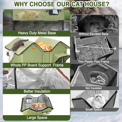 Heated Cat House, Extra Large Heated Outdoor Cat House Weatherproof with Heating Pad for Winter, Elevated Waterproof Insulated Cat Houses for Outdoor Cats, Warm Feral Cat Shelter (Green)