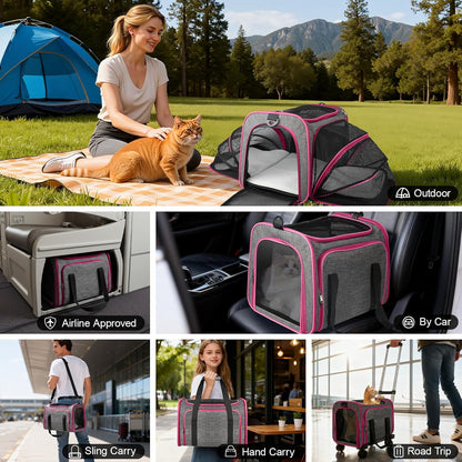 Pet Carrier with Wheels Up to 33 lbs Airline Approved Cat Carrier Rolling Pet Carrier w/Removable Wheels & Expandable Side Washable Plush Mat Pet Travel Carrier with Telescopic Handle & Shoulder Strap