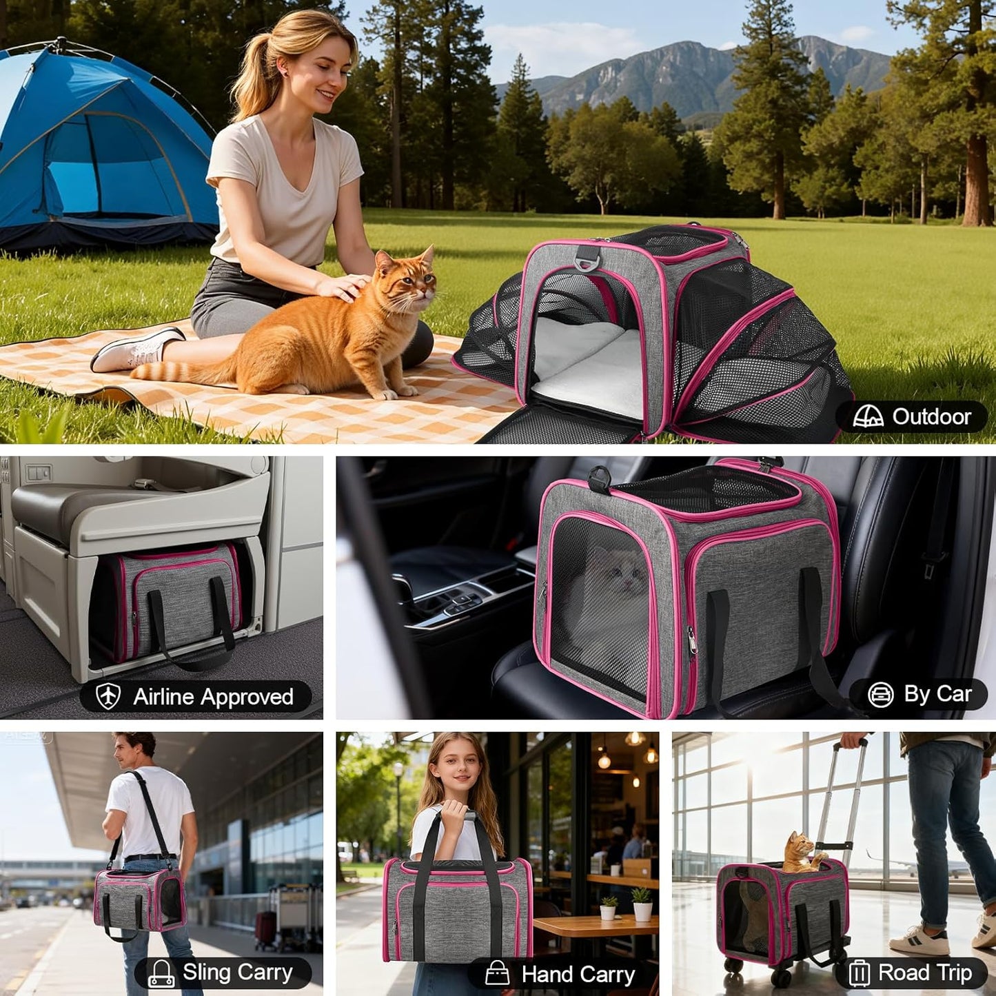 Pet Carrier with Wheels Up to 33 lbs Airline Approved Cat Carrier Rolling Pet Carrier w/Removable Wheels & Expandable Side Washable Plush Mat Pet Travel Carrier with Telescopic Handle & Shoulder Strap