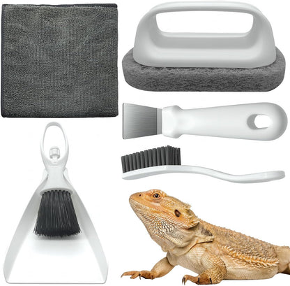 Bearded Dragon Tank Cleaning Kit, Reptile Enclosure Cleaning Tool Set with Mini Dustpan, Brush, Scraper & Cleaning Cloth for Lizard & Gecko Terrarium Maintenance