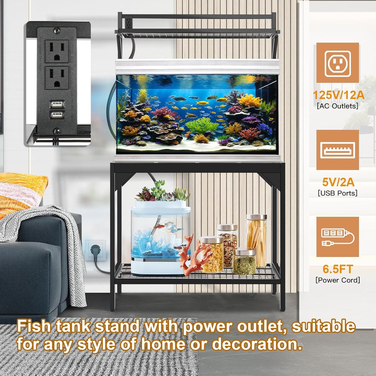 40-50 Gallon Fish Tank Stand, Aquarium Stand with Power Outlets,36.6" x 18.5"Tabletop, Thickened Metal Frame, Reptile Tank Stand for Home Office, Tank not Included