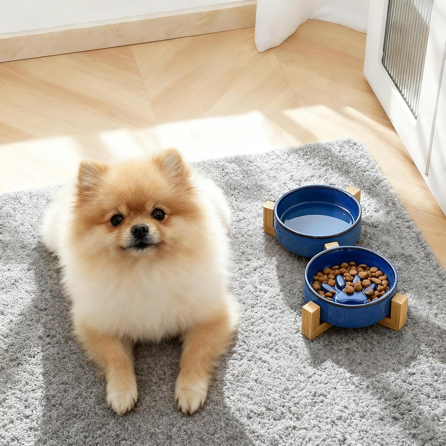 SOUJOY Ceramic Dog Cat Bowls Set with Stand, Non-Slip Elevated Small Dog Bowls, 2 Cups Slow Feeder Bowl Set, Dual Food and Water Bowls for Small Sized Dog, Puppy, Cat (6.1 in/17 oz)