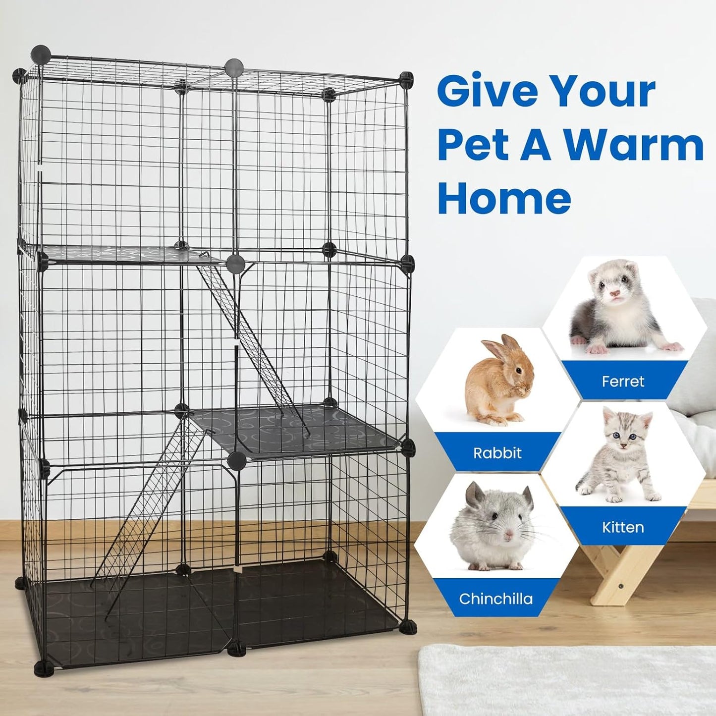 3 Tier Cat Playpen Cage, Metal Detachable DIY Indoor Cat Enclosures Kitten House Large Exercise Place Kitten Crate with 3 Doors 2 Ladders for 1-2 Cats