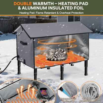 Gimars Upgraded Pitched Roof Indestructible Heated Cat House for Outdoor Cat with Safe Escape Door, 100% Weatherproof Winter Cat Shelter 5.1" Elevated Insulated Stray Feral Cat House with Soft Heater