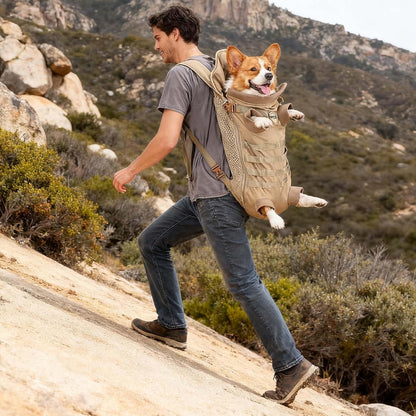 FLAdorepet Dog Carrier Tactical Backpack for Medium Large Dogs,Soft Hands-Free Legs Out Pet Front Cat Dog Carrier Backpack Travel Bag for Outdoor Traveling Hiking Camping (Medium, Khaki)