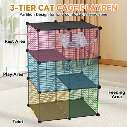Cat Cage, 3-Tier DIY Catio Cat Enclosures, 24" x 16" x 36" Cat Playpen Indoor & Outdoor with Hammock, Detachable Metal Wire Kennel Cats Crate, 2x1x3 Exercise Place for 1-2 Cats/Kitten