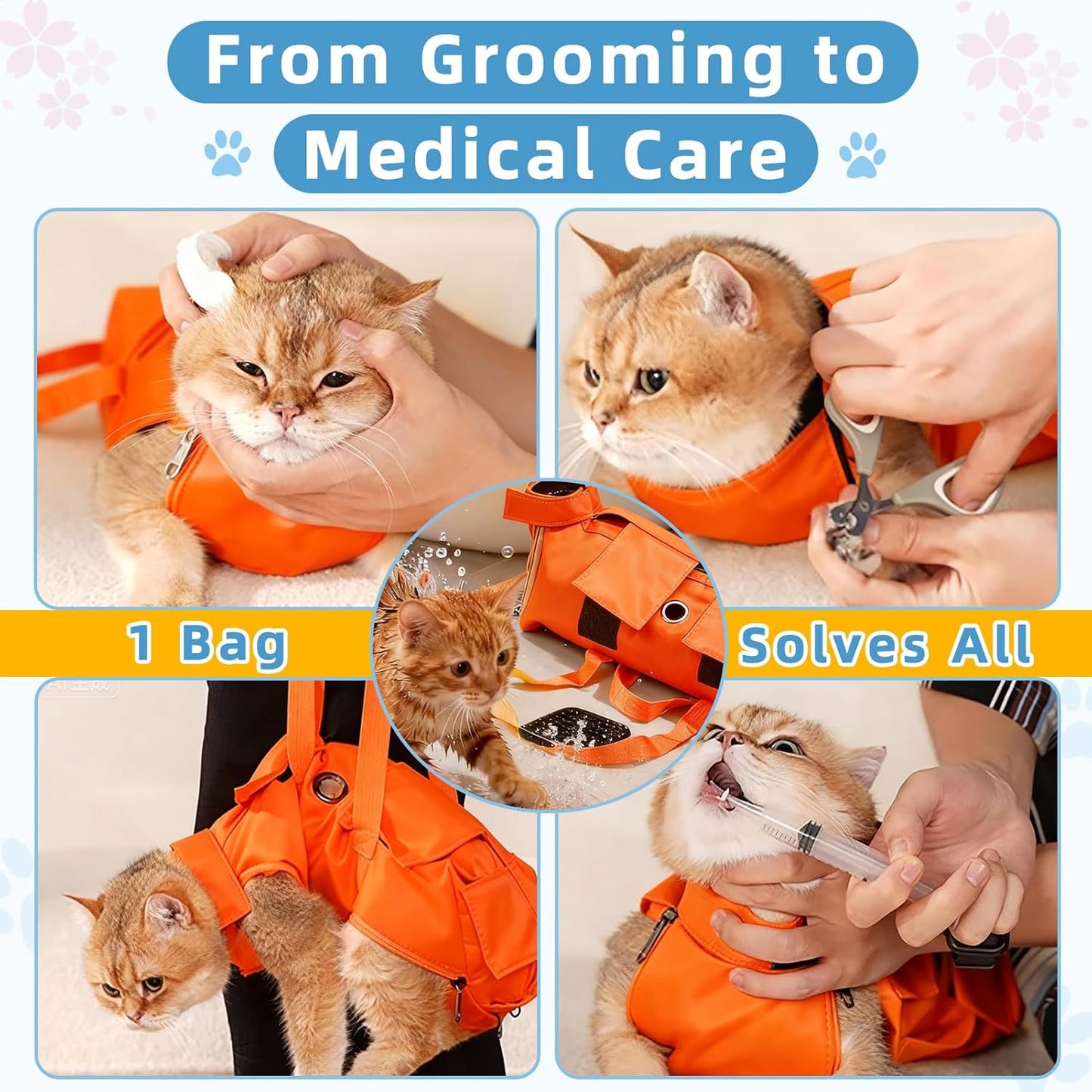 Waterproof Cat Grooming Restraint Bag - Anti-Scratching for Claw Care & Nail Trimming, Ideal for Cat Medical Examination (Pink, S)