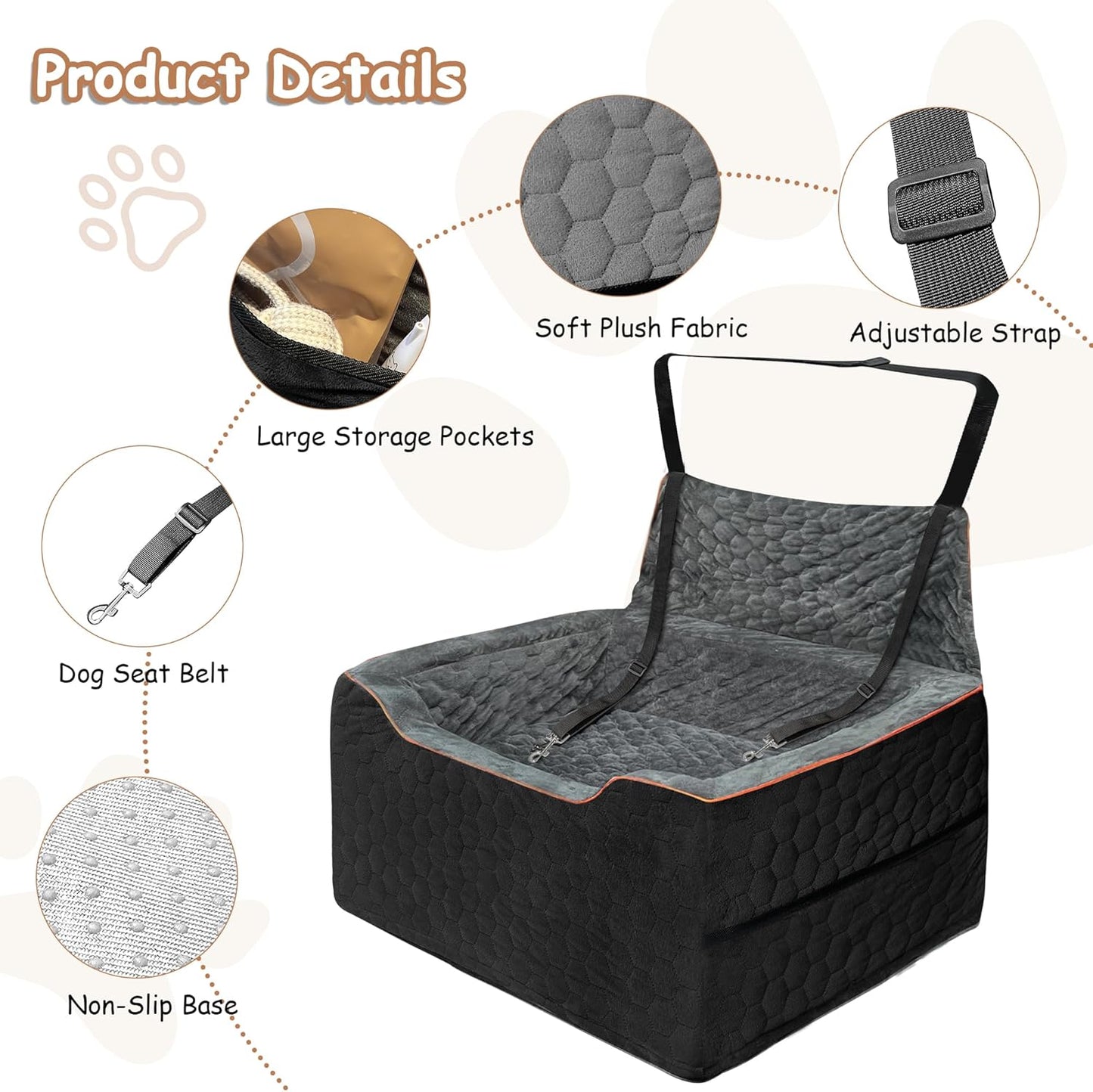Dog Booster Seat for Larger & Medium Dogs – Comfortable Dog Car Bed with Washable Cover and Storage Pockets for Pets Up to 60lbs (BlackGray)