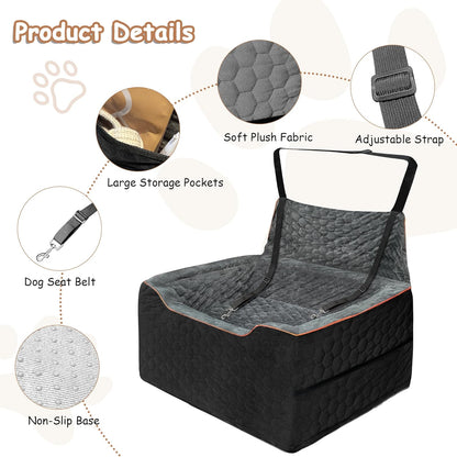 Dog Booster Seat for Larger & Medium Dogs – Comfortable Dog Car Bed with Washable Cover and Storage Pockets for Pets Up to 60lbs (BlackGray)