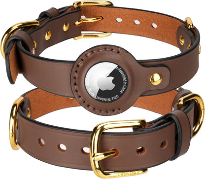 AirTag Dog Collar - Genuine Heavy Duty Leather Dog Collar with Apple AirTag Holder, Suitable for Small Medium Large Dogs (Brown, M, 13.6"-17.6" Neck Fit)