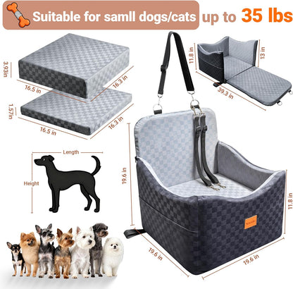 2 in 1 Dog Car Seat Bed for Small/Medium Dogs Up to 35 lbs, Travel Dog Booster Seat with Memory Foam Thick Cushion, Safety Belts&Storage Pockets, Removable Washable Bed Fits Front or Back Seat