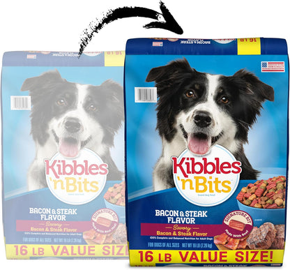 Kibbles 'n Bits Dry Dog Food, Savory Bacon & Steak Flavor for Adult Dogs 16 lb. Bag