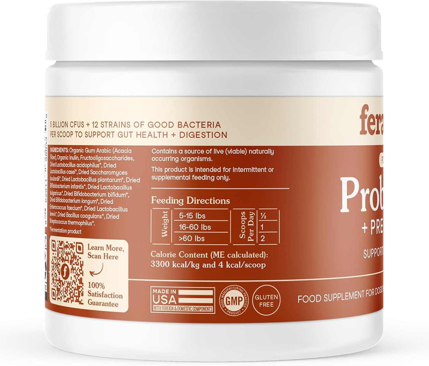 Fera Pets Probiotics for Dogs & Cats with Prebiotics - USDA Organic - Gut Health Powder Supplement with 12 Strains and 5 Billion CFUs - Supports Immunity, Energy and Skin & Coat - 60 Scoops