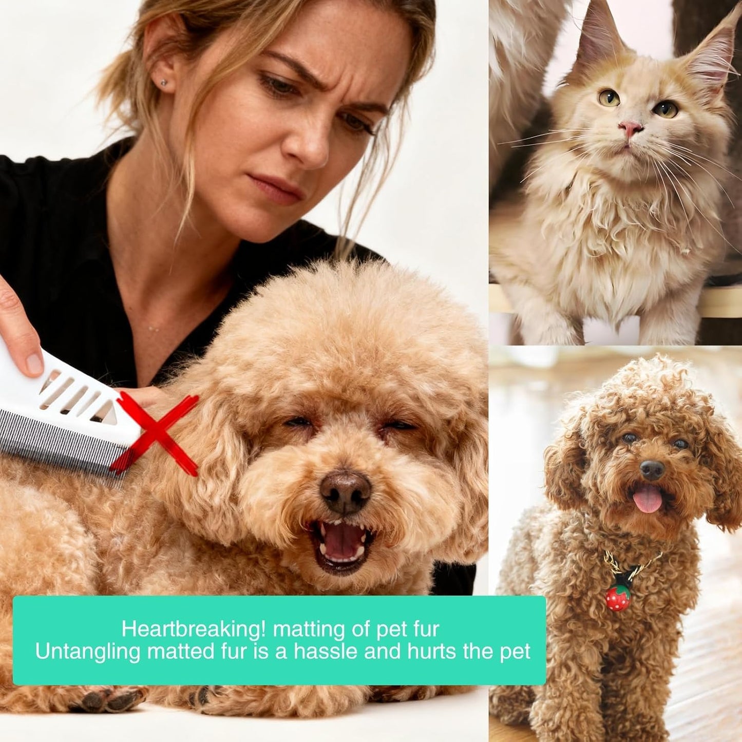 Professional Flea Comb for Long Haired Dogs & Cats - 3-Row Stainless Steel Dematting Tool with Negative Ions | Detangling Comb for Poodles Includes Cleaning Brush